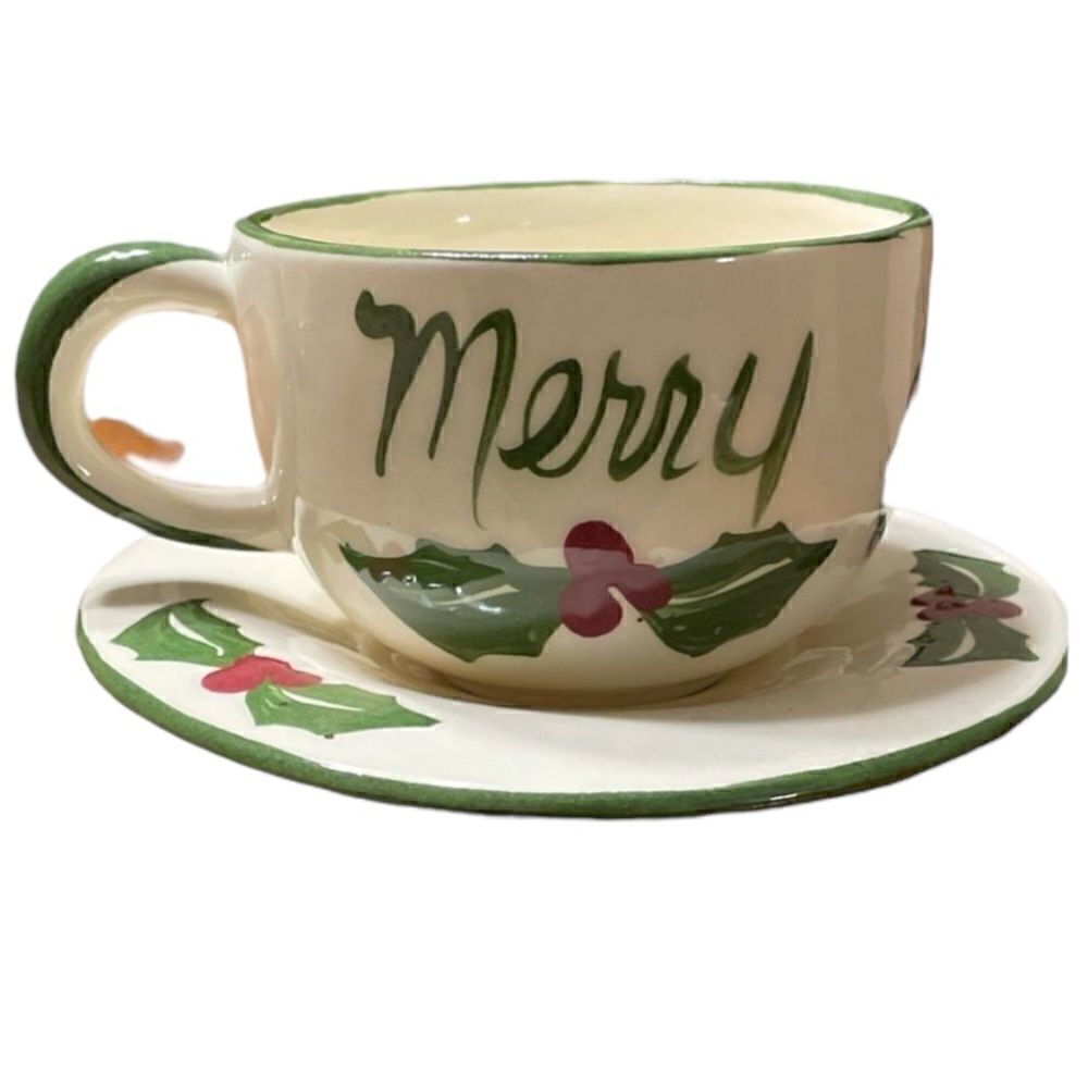 Vintage chunky oversized  Merry Christmas Cup and Saucer